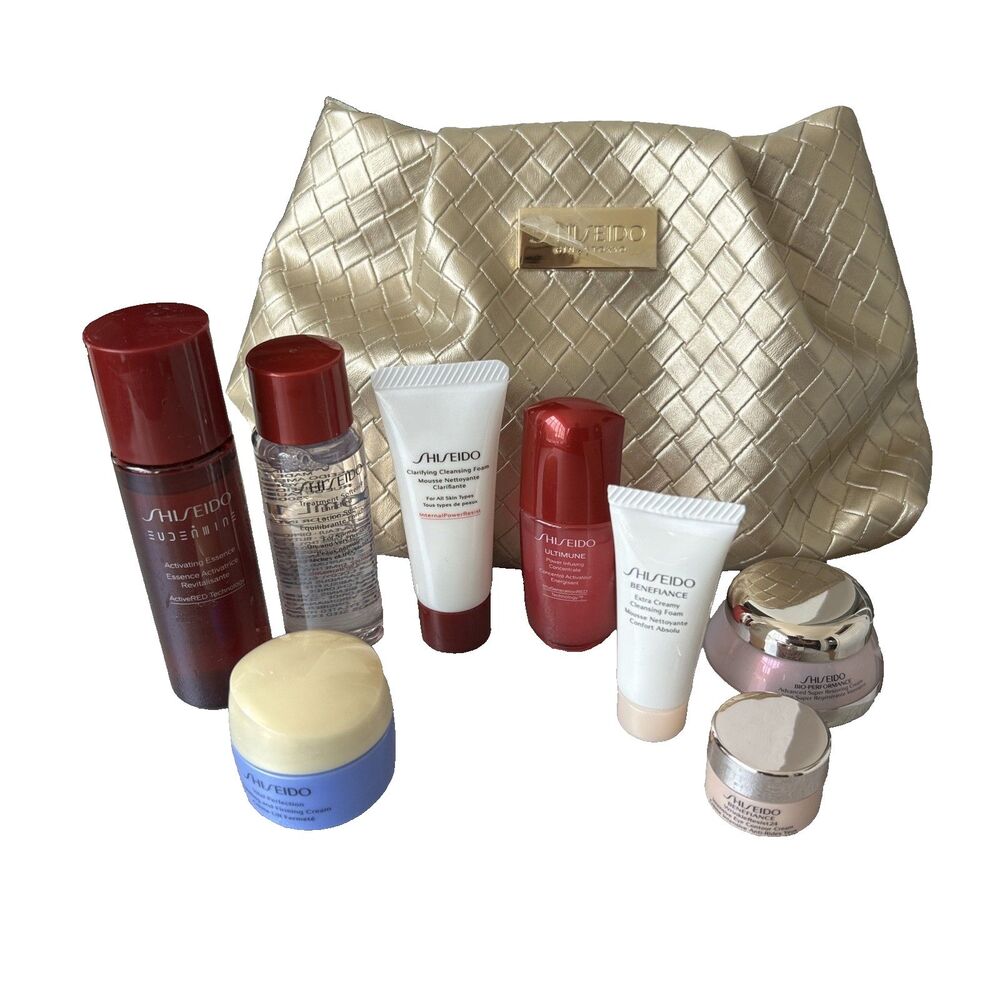 Gold Shiseido Cosmetics Pouch With 8 Deluxe Minis/Samples Moisturizer Essence